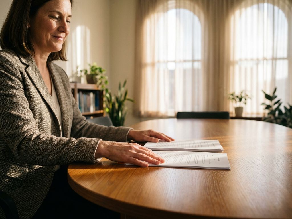 Professionele mediator aan houten vergadertafel met documenten, handen overbruggend tussen partijen in rustige kantooromgeving
