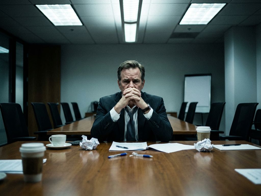 Professionele mediator zit gefrustreerd aan vergadertafel met lege stoelen en verkreukelde documenten rondom