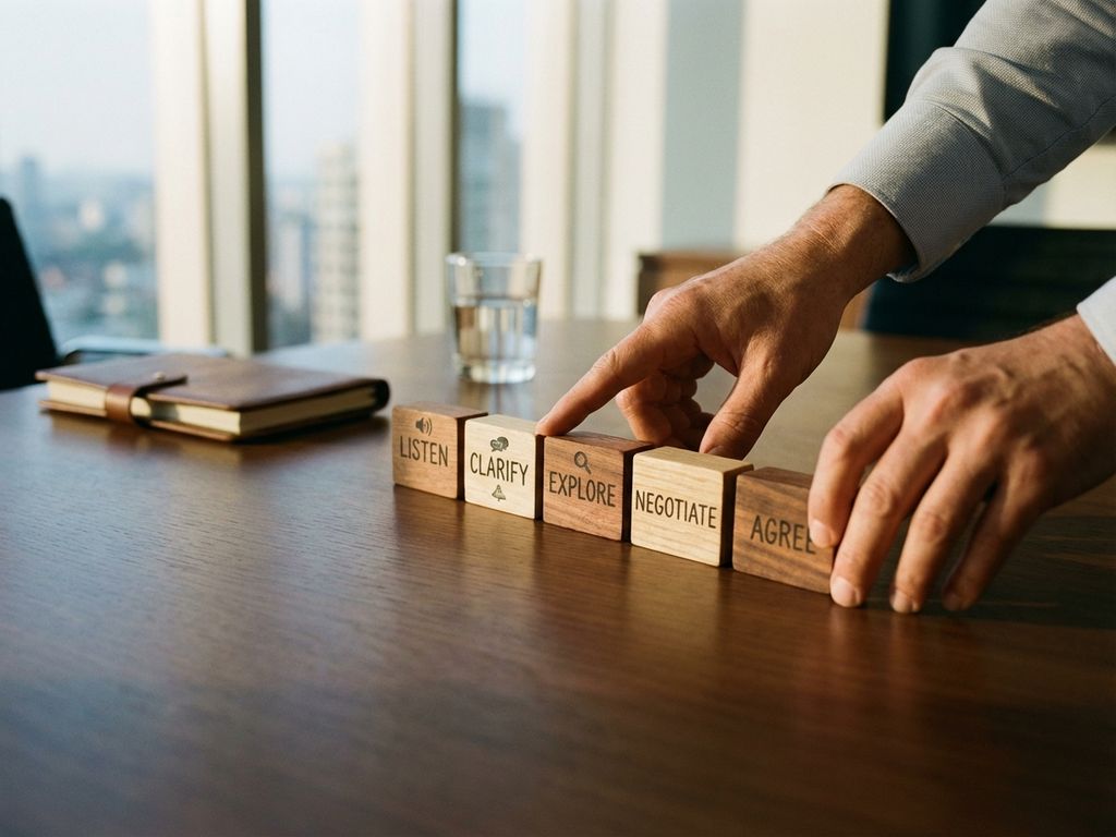Professionele mediator rangschikt vijf houten blokken op conferentietafel, elk blok vertegenwoordigt medatiestap