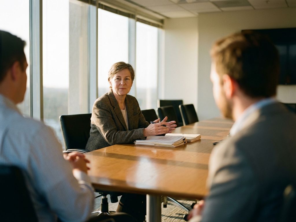 Professionele mediator zit aan houten conferentietafel met pen en documenten, twee partijen op achtergrond, natuurlijk licht