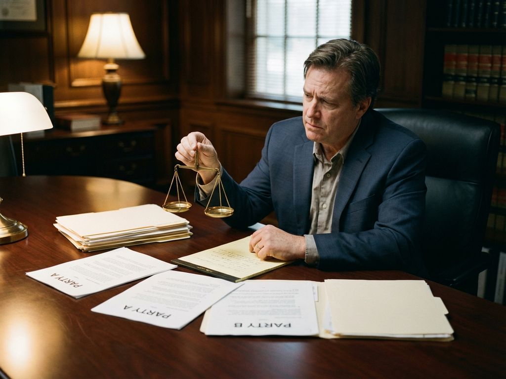 Professionele mediator houdt weegschaal vast aan conferentietafel met juridische documenten van beide partijen