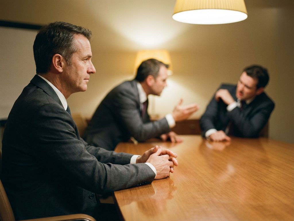 Professionele mediator zit kalm aan conferentietafel tegenover twee zakenmensen in gespannen onderhandeling