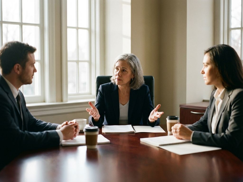 Professionele mediator leidt zakelijke bespreking tussen twee personen aan conferentietafel in kantoor met natuurlijk licht