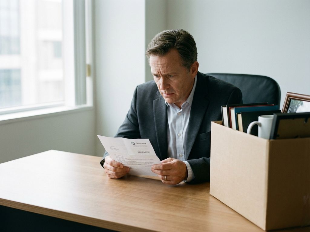 Bezorgde professional leest ontslagbrief aan kantoorbureau met ingepakte doos persoonlijke spullen