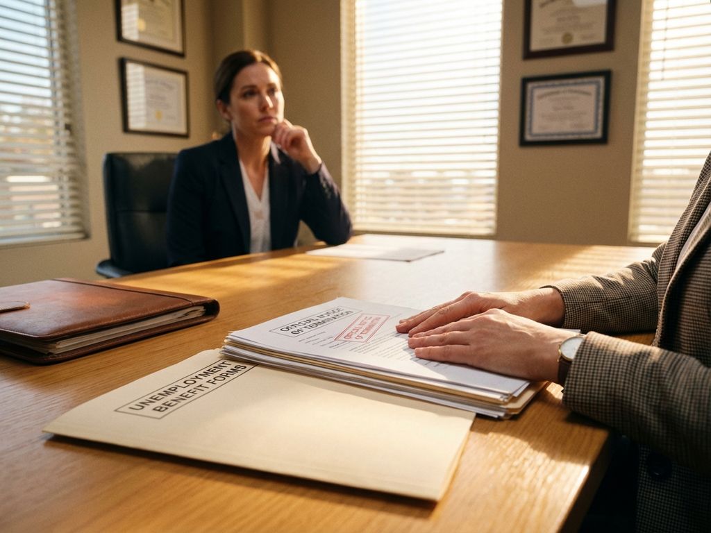 Professionele vrouw bekijkt ontslagdocumenten en WW-uitkeringsformulieren tijdens HR-gesprek aan conferentietafel