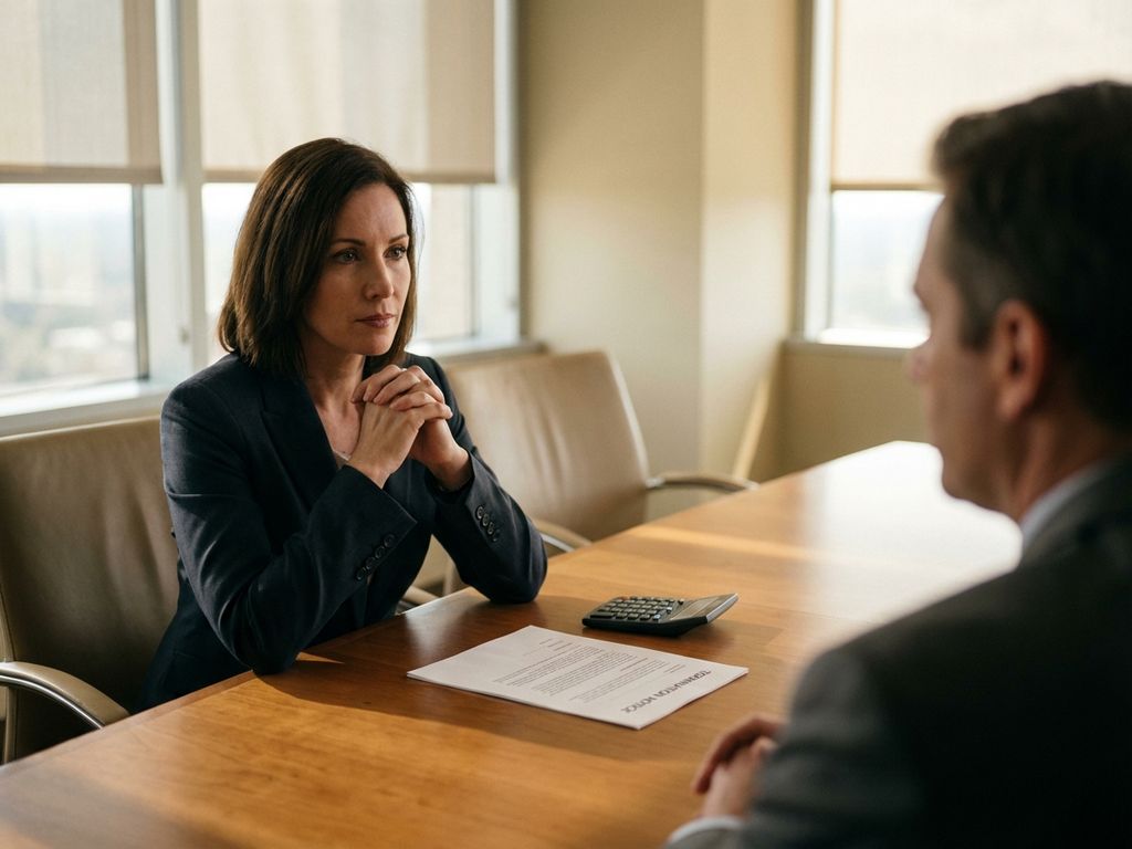 Zakenvrouw in gesprek met HR-medewerker aan vergadertafel met ontslagbrief en calculator tussen hen in