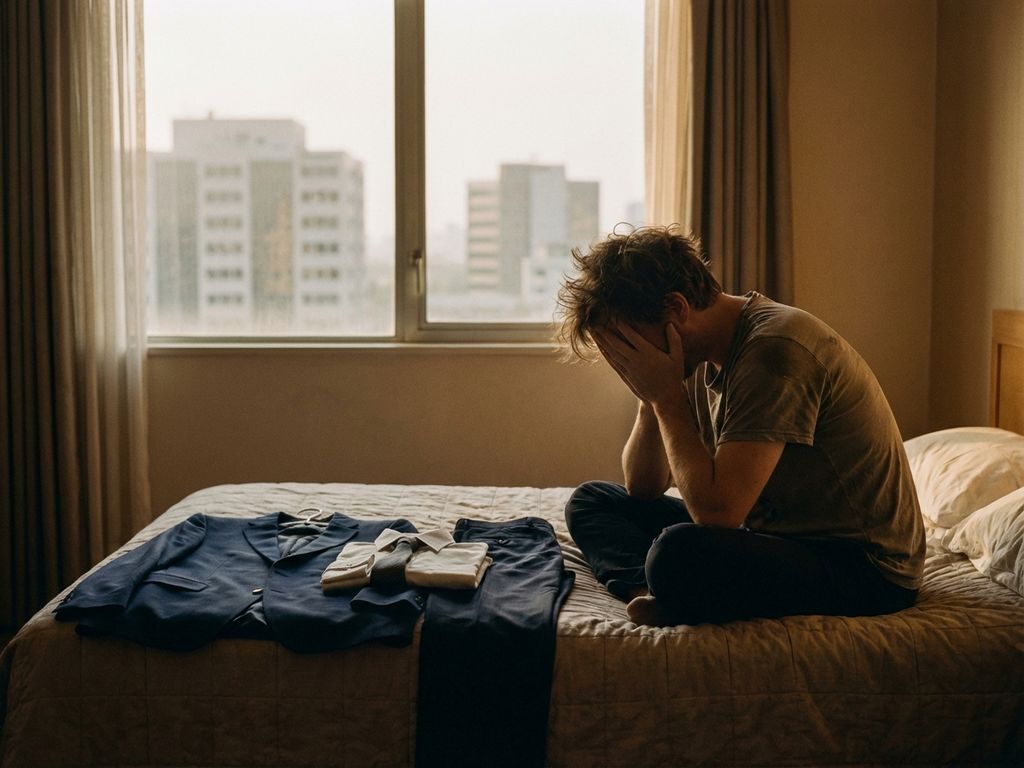 Persoon zit peinzend op bedrand in ochtendlicht met zakelijke kleding uitgelegd, kantoorgebouwen op achtergrond