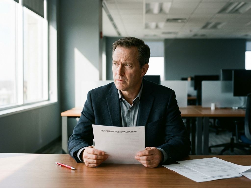Kantoormedewerker met bezorgde uitdrukking leest prestatiebeoordeling aan bureau met rood pen en papierwerk