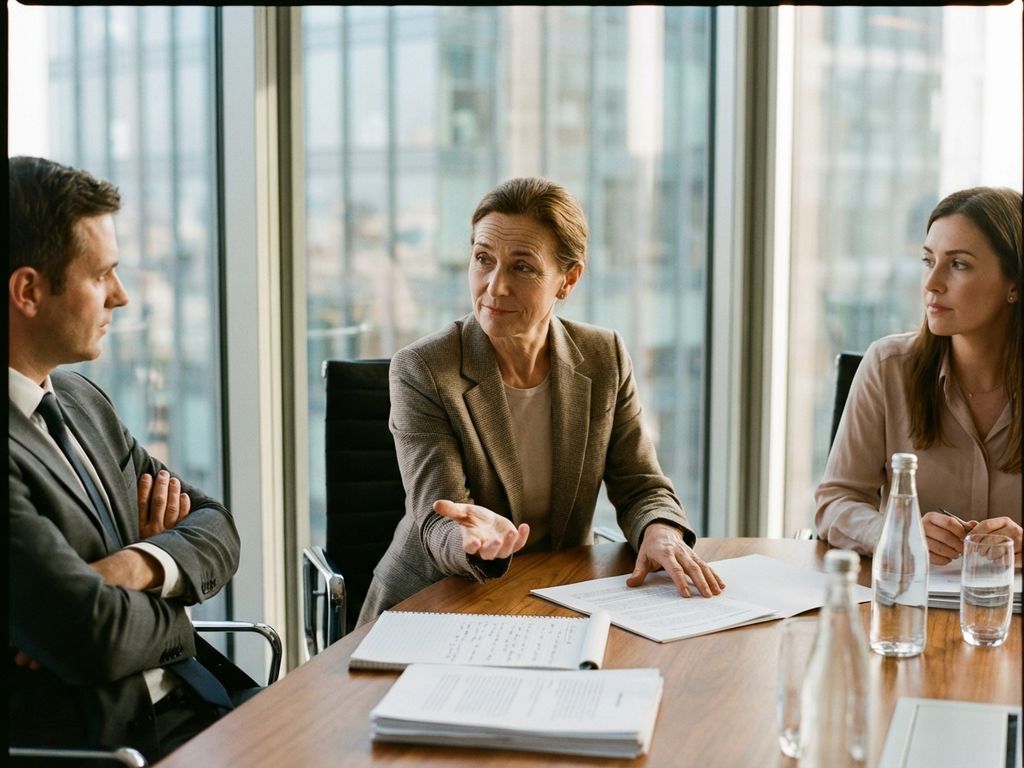 Professionele mediator leidt onderhandeling tussen twee zakenmensen aan conferentietafel in modern kantoor