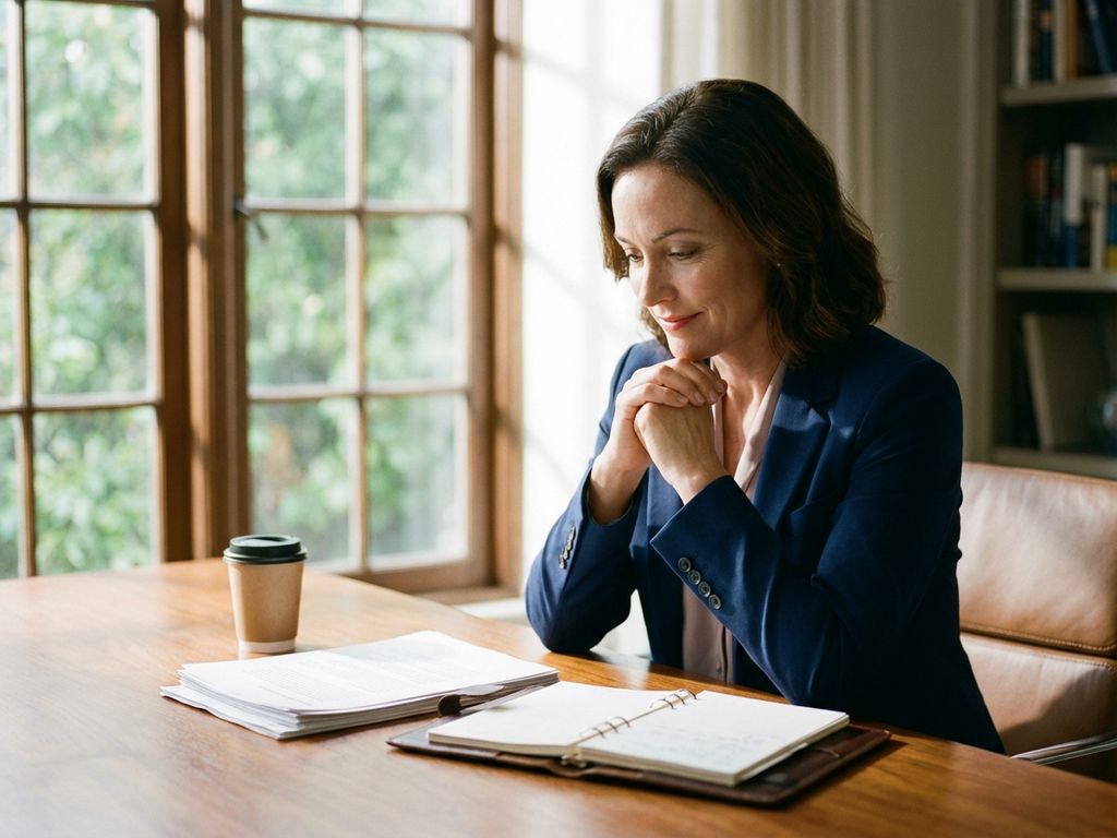 Professionele vrouw in marineblauw jasje zit aan houten conferentietafel met documenten, voorbereid en gefocust