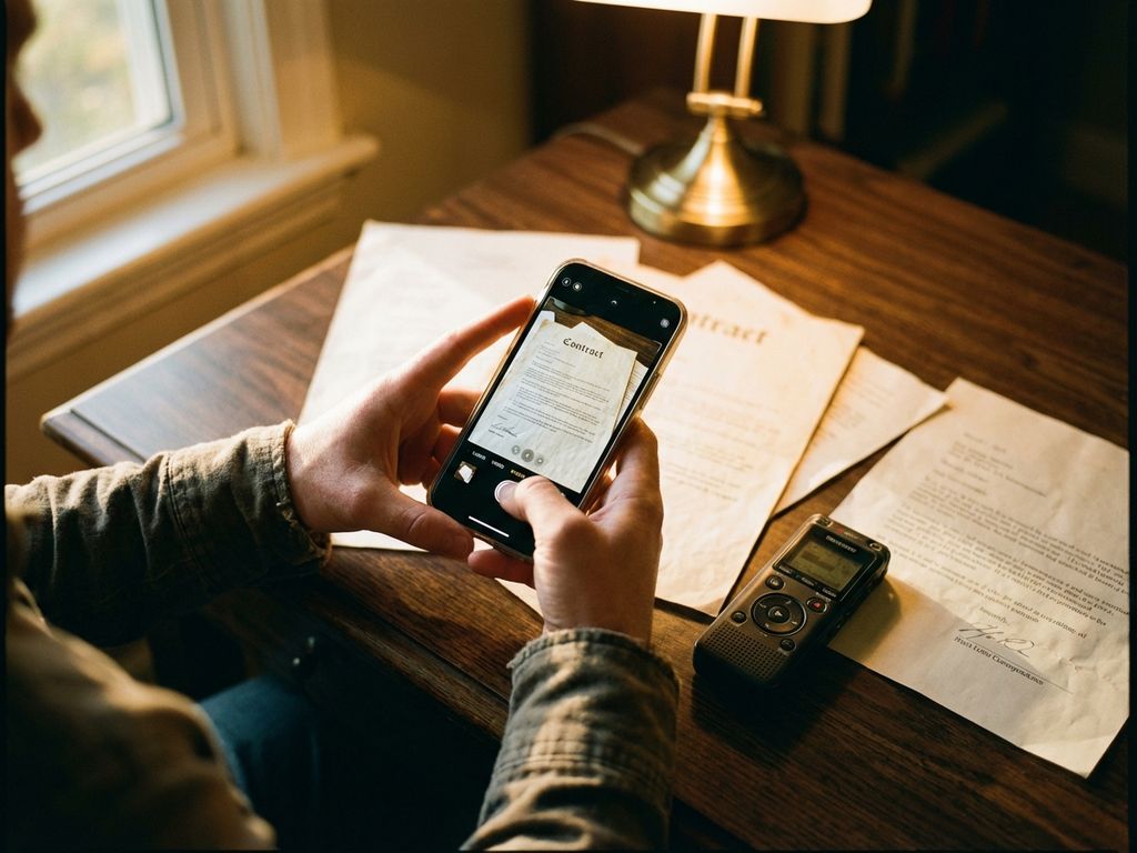 Handen fotograferen officiële documenten met smartphone op houten bureau, voice recorder en warme bureaulamp zichtbaar