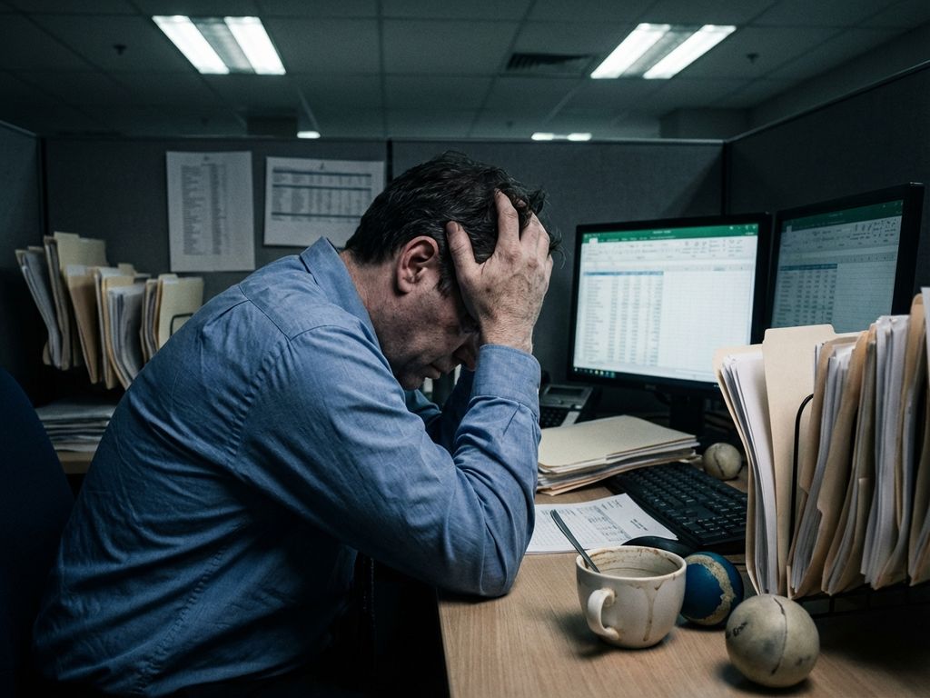 Uitgeputte kantoormedewerker met hoofd in handen aan bureau omringd door stapels papierwerk en computerschermen