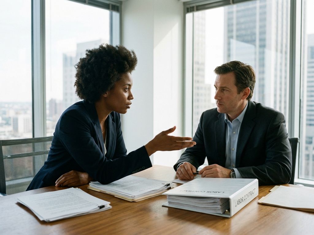 Vakbondsvertegenwoordiger en manager bespreken arbeidscontract aan vergadertafel in modern kantoor