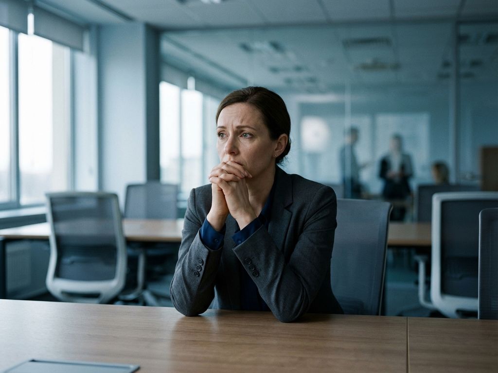 Professionele vrouw zit alleen aan kantoorbureau, handen gevouwen in contemplatie, omringd door lege stoelen