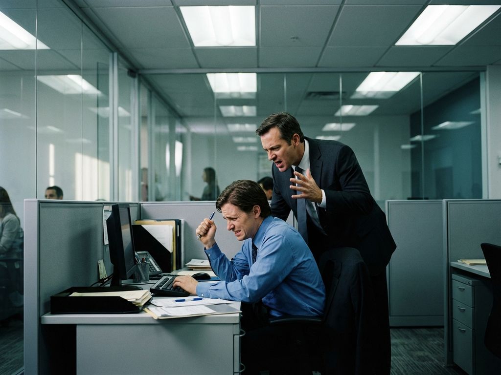 Gestresste kantoormedewerker aan bureau terwijl manager agressief schreeuwt in moderne bedrijfsomgeving