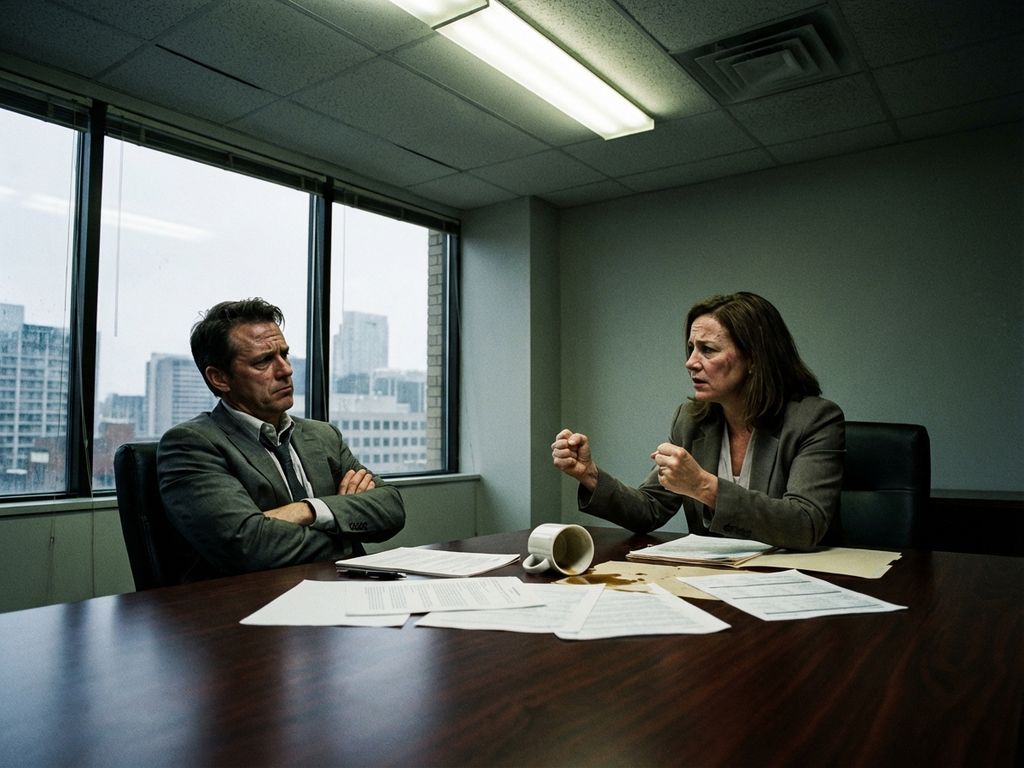 Twee zakenmensen in gespannen vergadering met defensieve lichaamstaal en omgevallen koffiekop op tafel