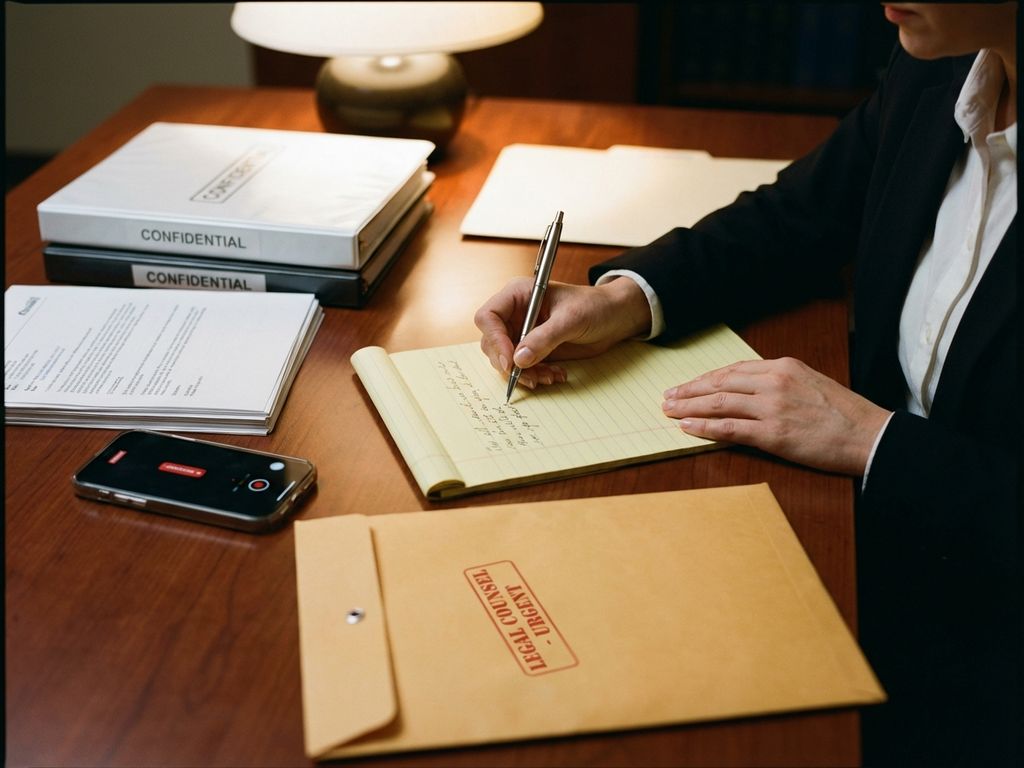 Zakenvrouw schrijft notities op juridisch notitieblok met smartphone en documenten op bureau, envelop voor advocaat