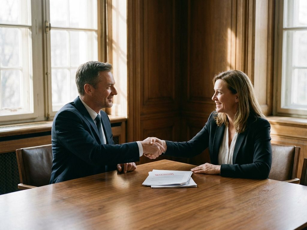 Twee zakelijke collega's schudden handen over conferentietafel in professionele vergaderruimte met natuurlijk licht