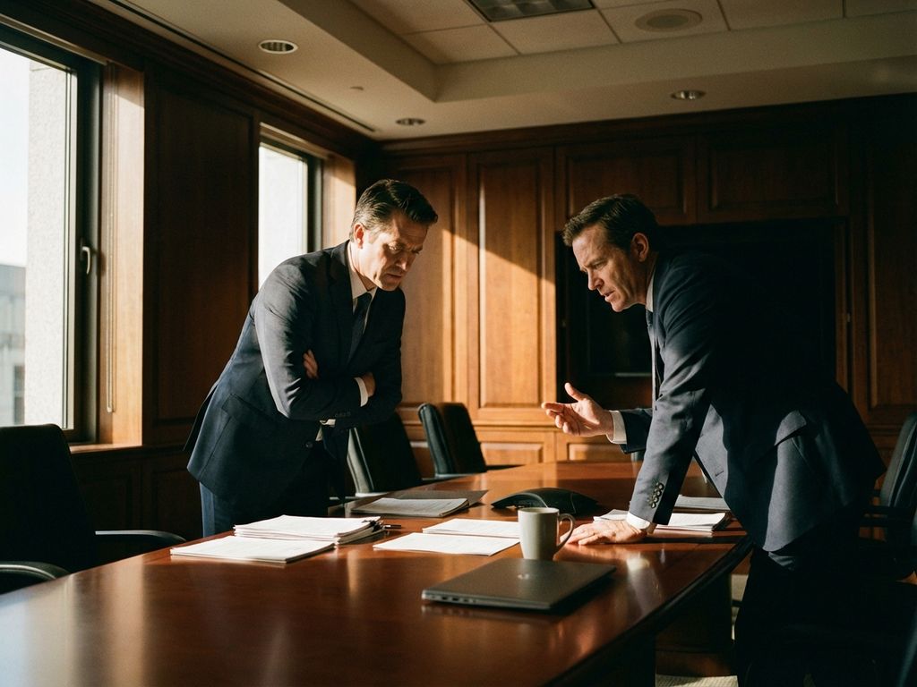 Twee zakenmensen in pakken voeren een gespannen discussie in een boardroom met documenten op tafel