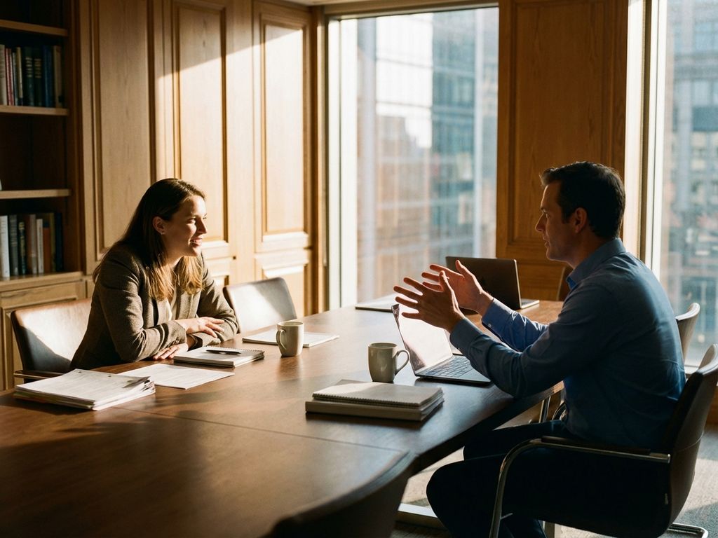 Twee zakelijke collega's in constructief gesprek aan houten vergadertafel in modern kantoor met natuurlijk licht