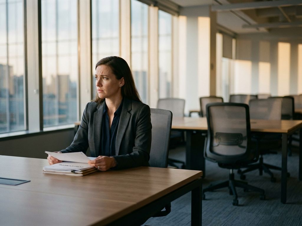 Professionele vrouw in pak bekijkt bezorgd juridisch document aan modern kantoorbureau met natuurlijk licht