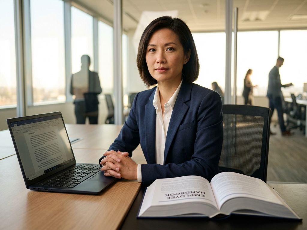Professionele vrouw in pak zit zelfverzekerd aan bureau met personeelshandboek en laptop in moderne kantooromgeving