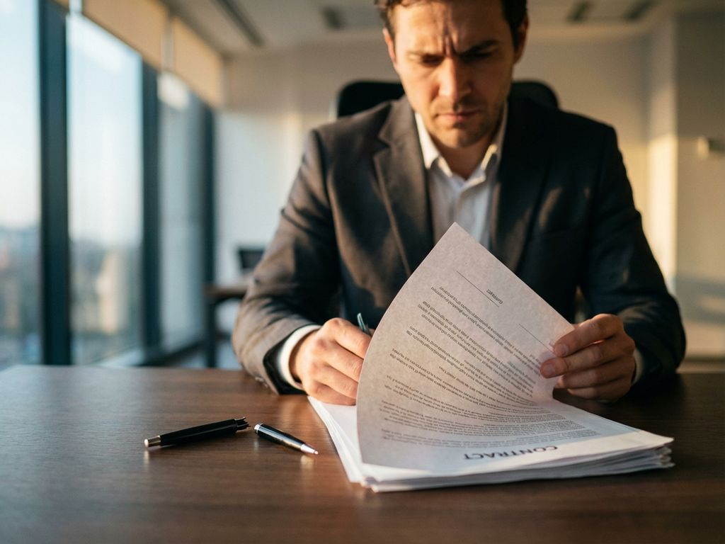 Bezorgde zakenpersoon leest contract aan bureau met gebroken pen en juridische documenten