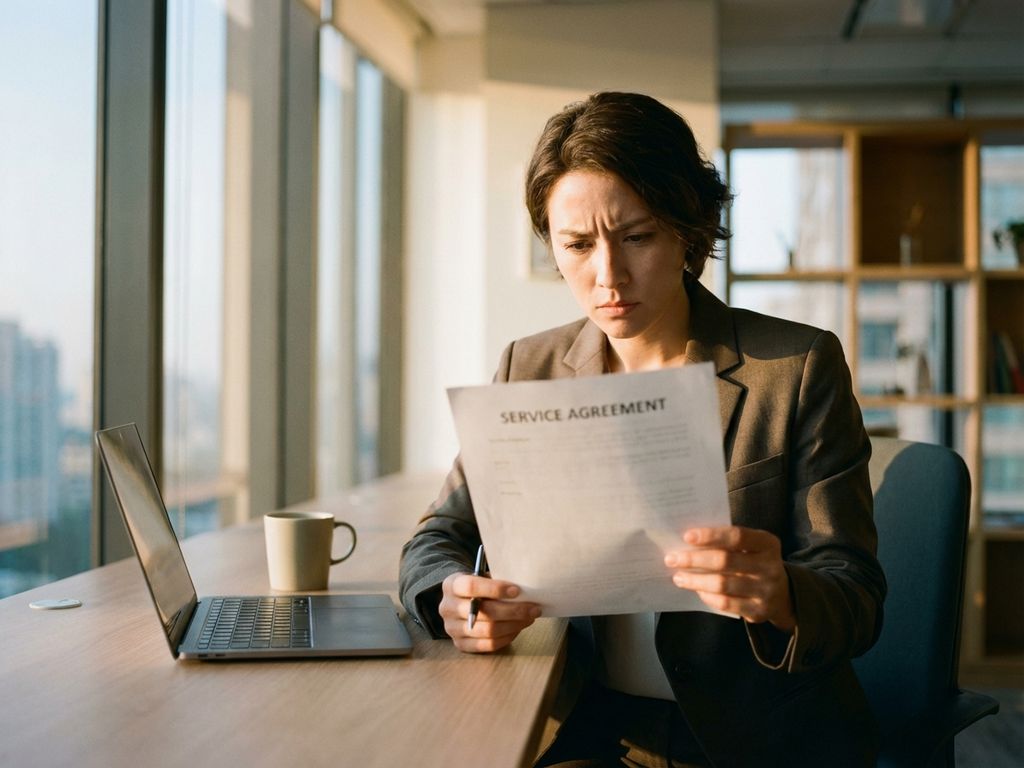 Zakenpersoon aan bureau houdt contract vast met bezorgde blik, laptop en pen op houten tafel, warme kantoorverlichting