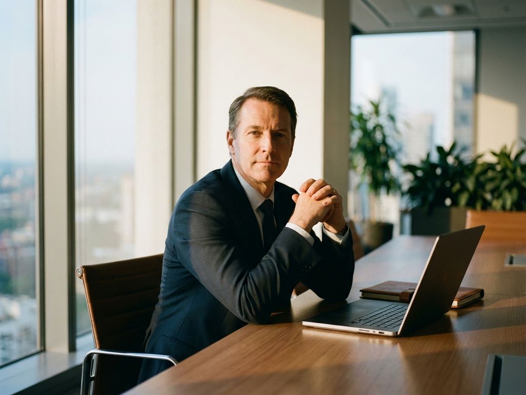 Professionele zakenpersoon zit nadenkend aan vergadertafel met laptop, natuurlijk licht door kantoorvensters