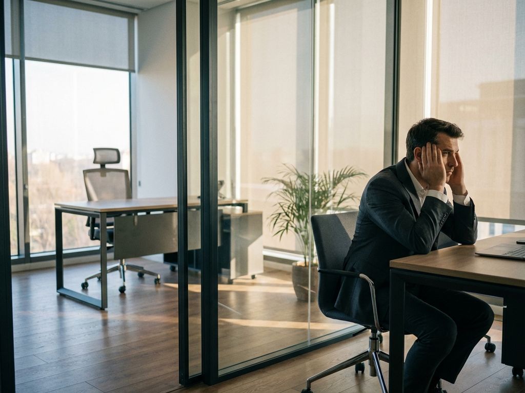 Professionele persoon in pak zit nadenkend aan bureau en kijkt naar leeg hoekbureau door glazen wand
