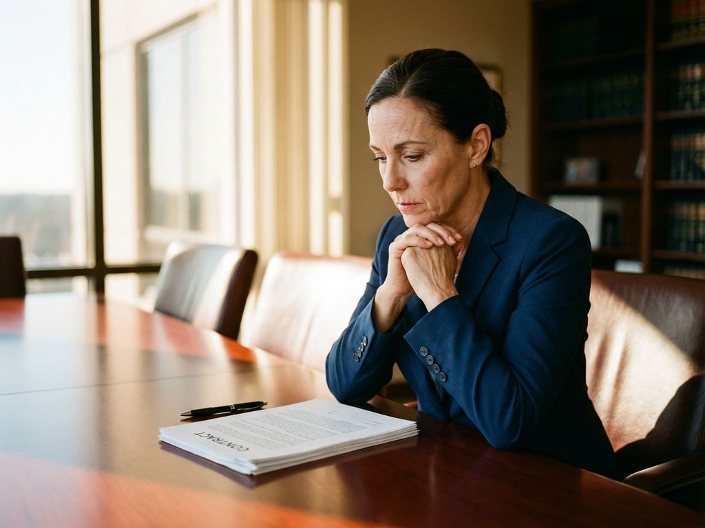 Professionele zakenvrouw in marineblauw pak bekijkt contract aan vergadertafel in kantoor met natuurlijk licht