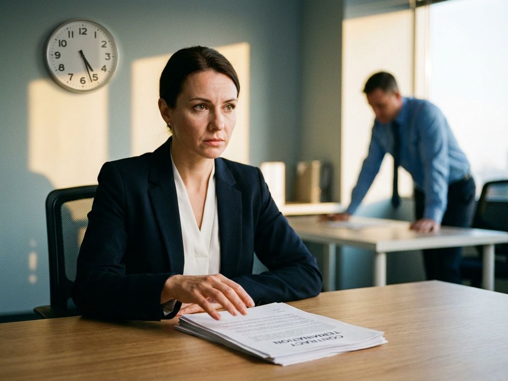 Zakenvrouw overweegt belangrijke documenten aan bureau terwijl HR-medewerker toekijkt in modern kantoor