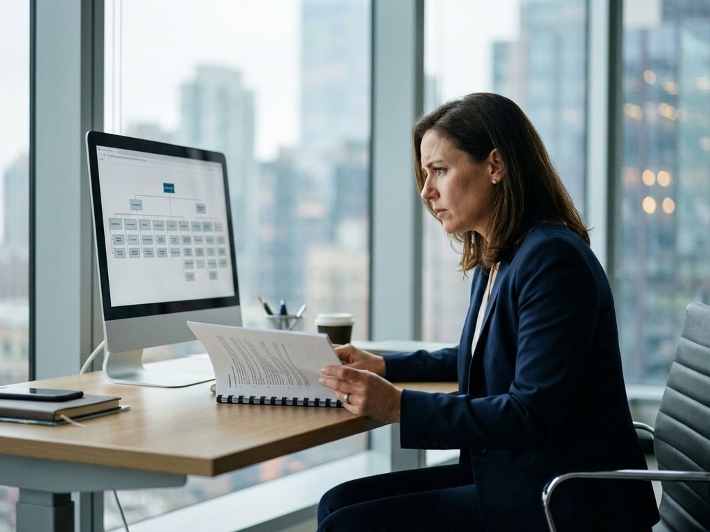 Zakenvrouw in marineblauw pak bekijkt bezorgd organisatieschema op computer terwijl ze document vasthoudt op kantoor