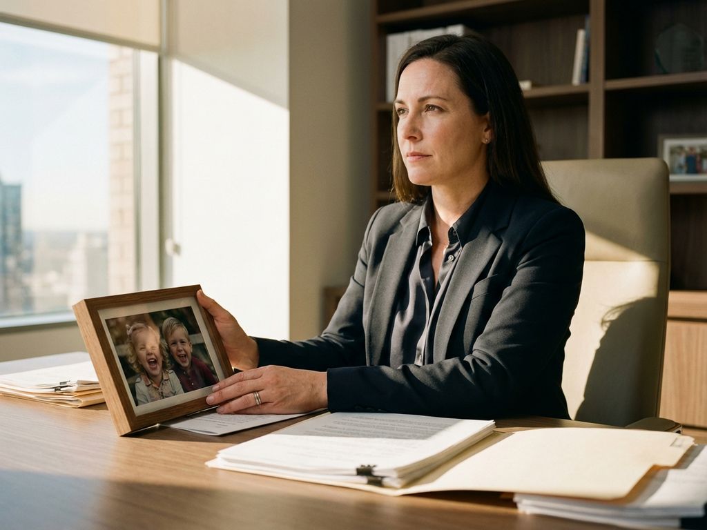 Zakenvrouw in pak houdt familiefoto vast terwijl ze juridische documenten bekijkt aan modern kantoorbureau