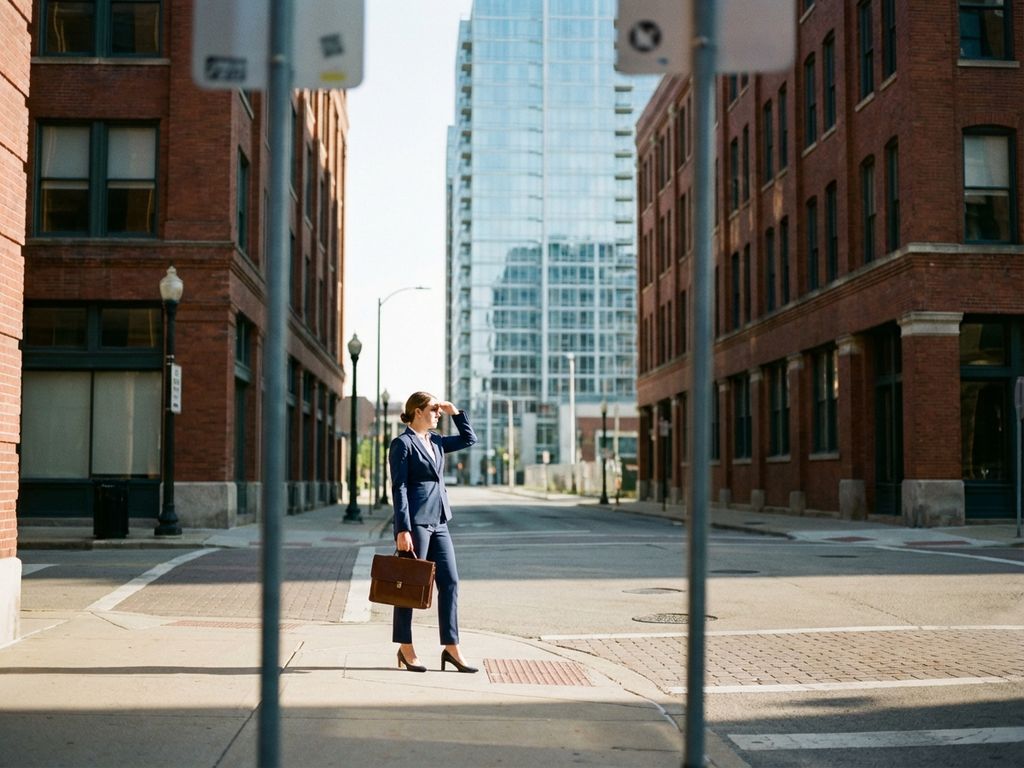 Zakenvrouw in marineblauw pak bij kruispunt tussen kantoorgebouwen, kijkend naar moderne glazen toren