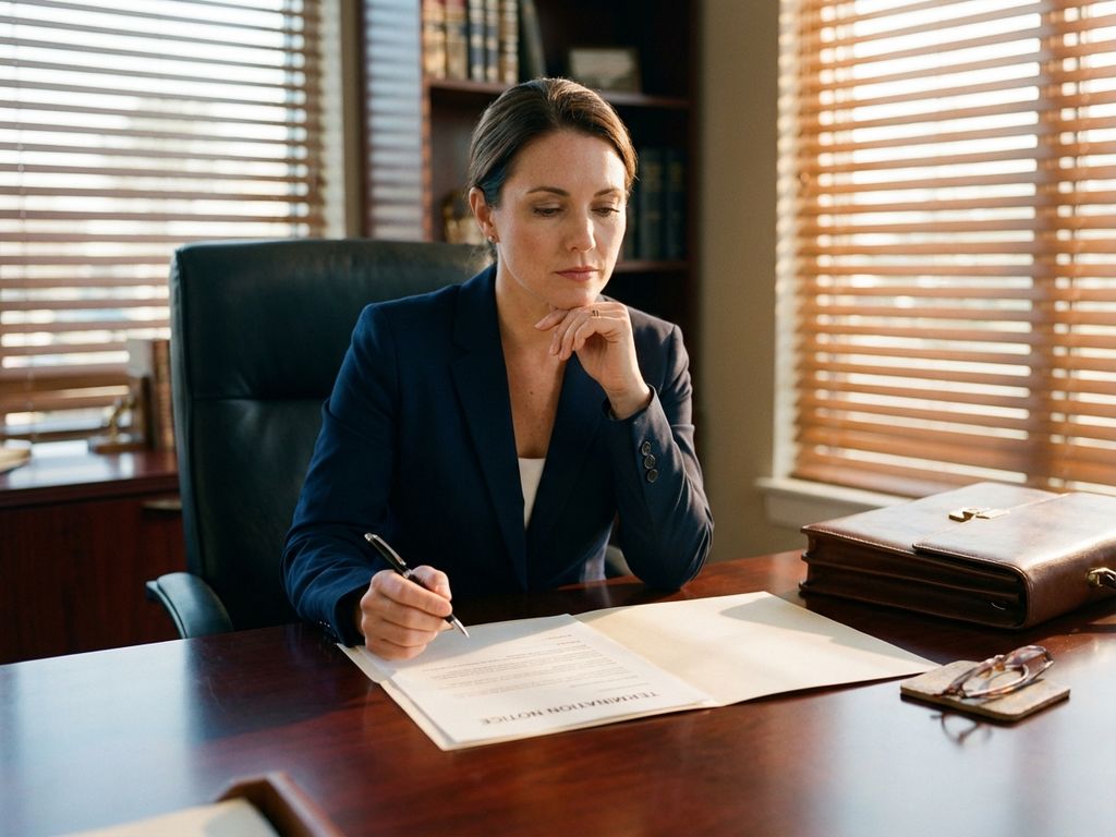 Zakenvrouw in marineblauw jasje bekijkt ontslagbrief aan bureau, pen in hand, warme middagzon door jaloezieën