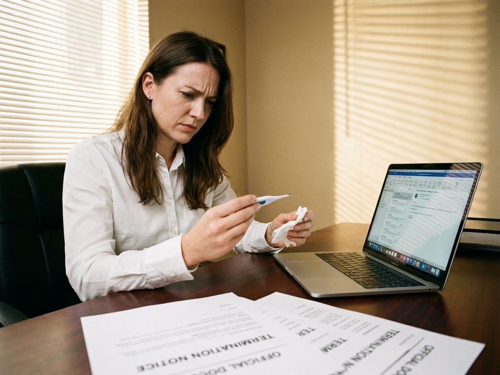Zieke zakenvrouw met thermometer aan bureau met ontslagpapieren en laptop, bezorgde uitdrukking in kantoor