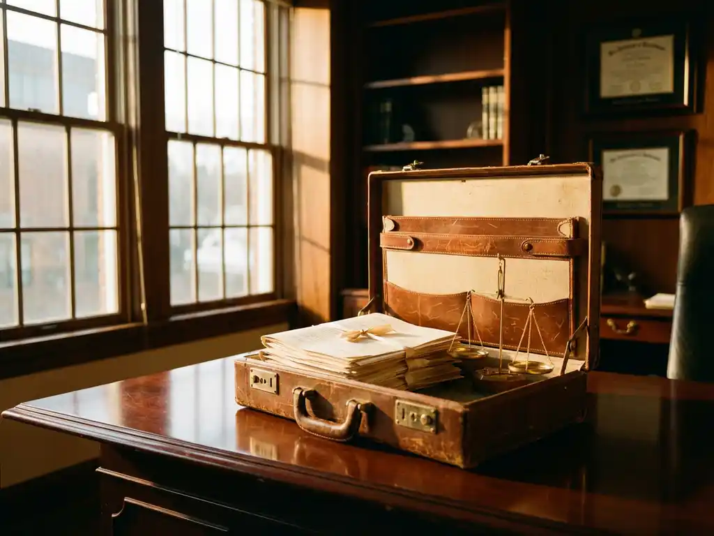 Open leren aktetas op houten bureau met juridische documenten en gouden weegschaal, warme middagzon door kantoorvensters