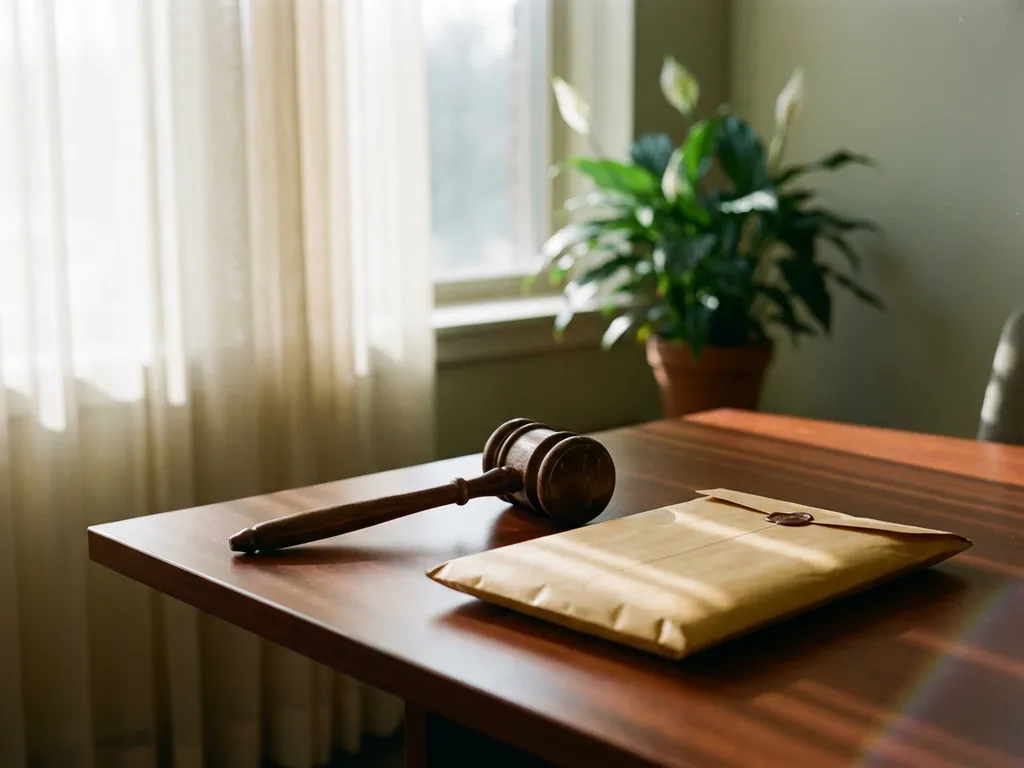 Houten hamer naast verzegelde manila envelop op gepolijste mahonie conferentietafel met vredeslelie op achtergrond