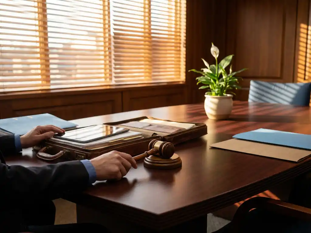 Mediator plaatst houten hamer naast open aktetas op gepolijste conferentietafel met vredeslelie en zonlicht door jaloezieën