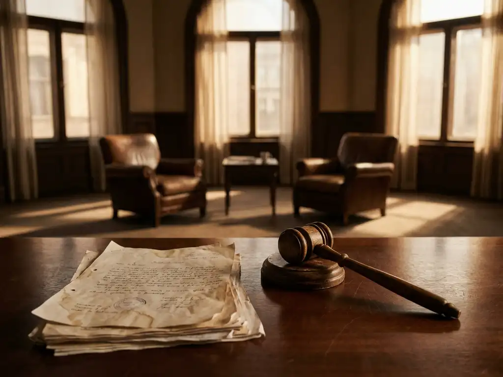 Houten hamer op mahonie rechtbanktafel met verspreide juridische documenten, lege bemiddelingskamer met stoelen op achtergrond