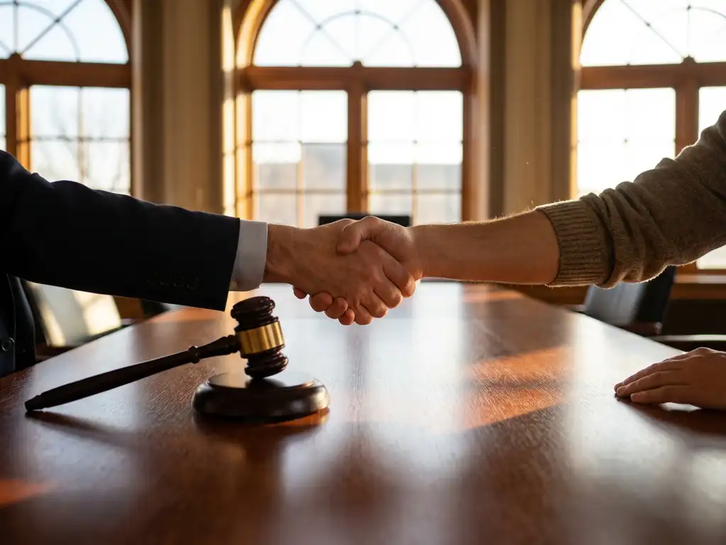 Houten hamer naast twee personen die handen schudden over gepolijste conferentietafel in warm natuurlijk licht