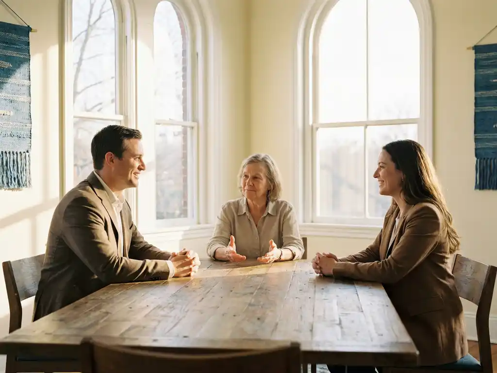 Twee professionals aan houten vergadertafel met neutrale mediator die bemiddelend gebaart in natuurlijk licht