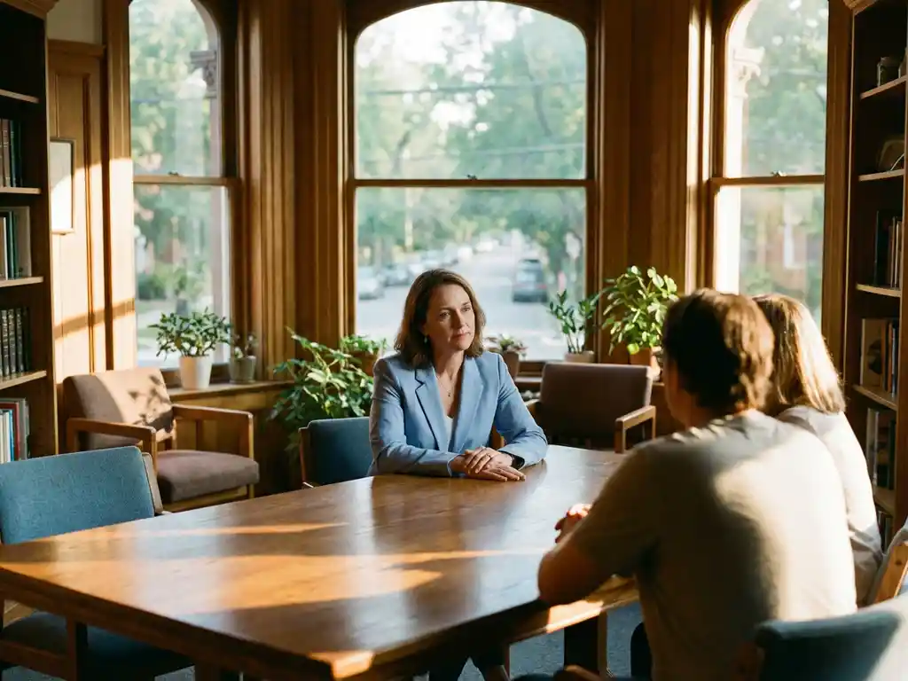 Professionele mediator in gesprek met twee personen aan houten vergadertafel in kantoor met natuurlijk licht