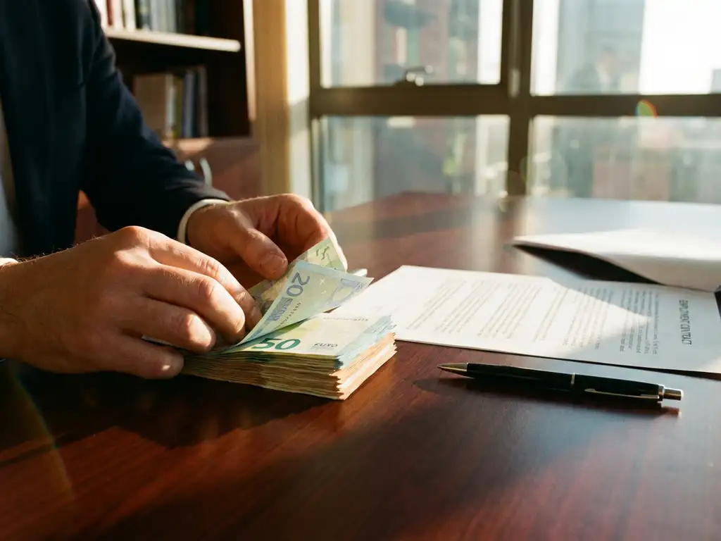 Stapel Nederlandse eurobiljetten op houten bureau naast arbeidscontract en pen, handen tellen geld in warm kantoorlicht