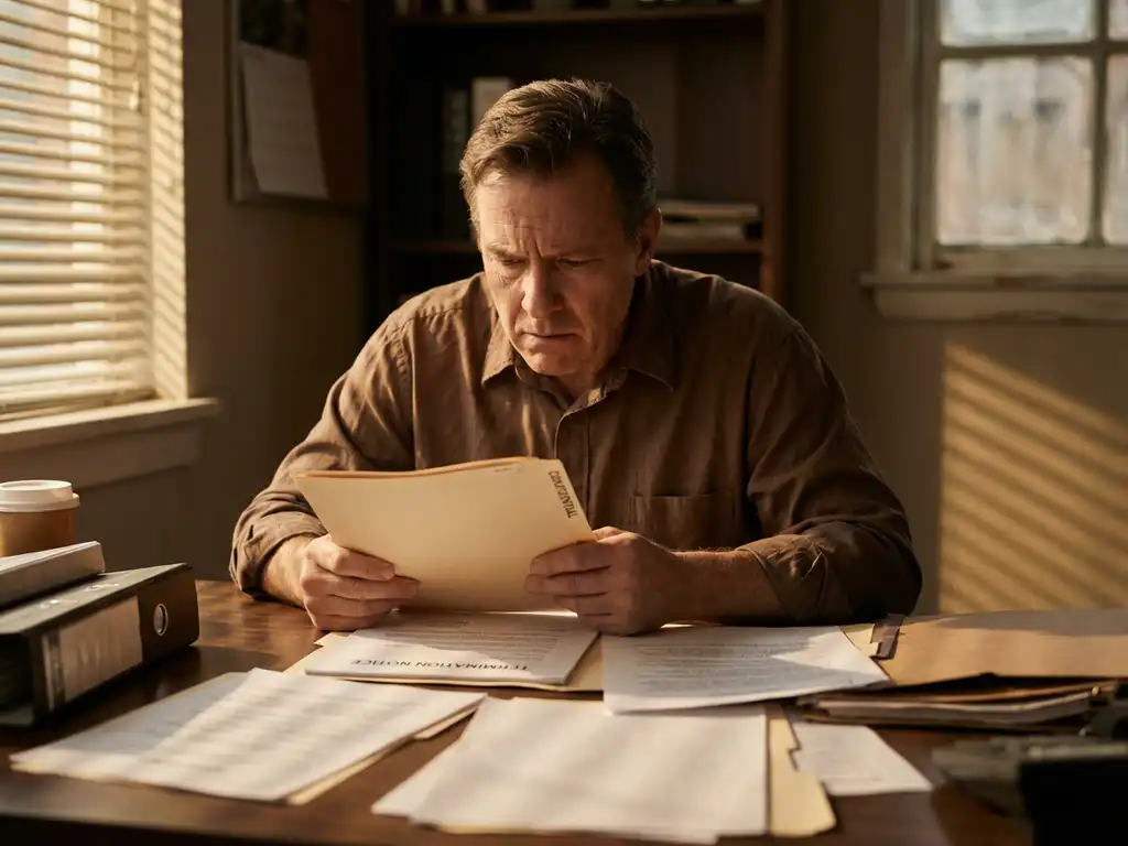 Bezorgde werknemer aan houten bureau houdt dunne map vast terwijl hij naar ontslagbrief kijkt, onvolledige papieren verspreid