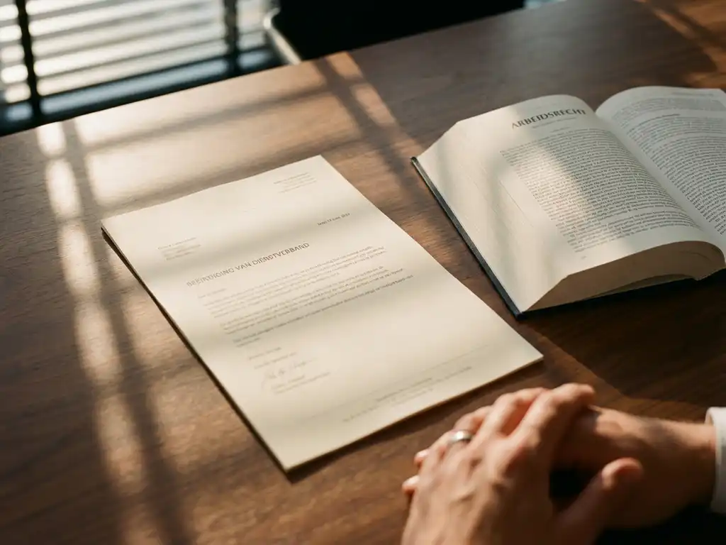 Ontslagbrief op houten bureau naast opengeslagen Nederlands arbeidsrecht boek, handen van bezorgde werknemer zichtbaar