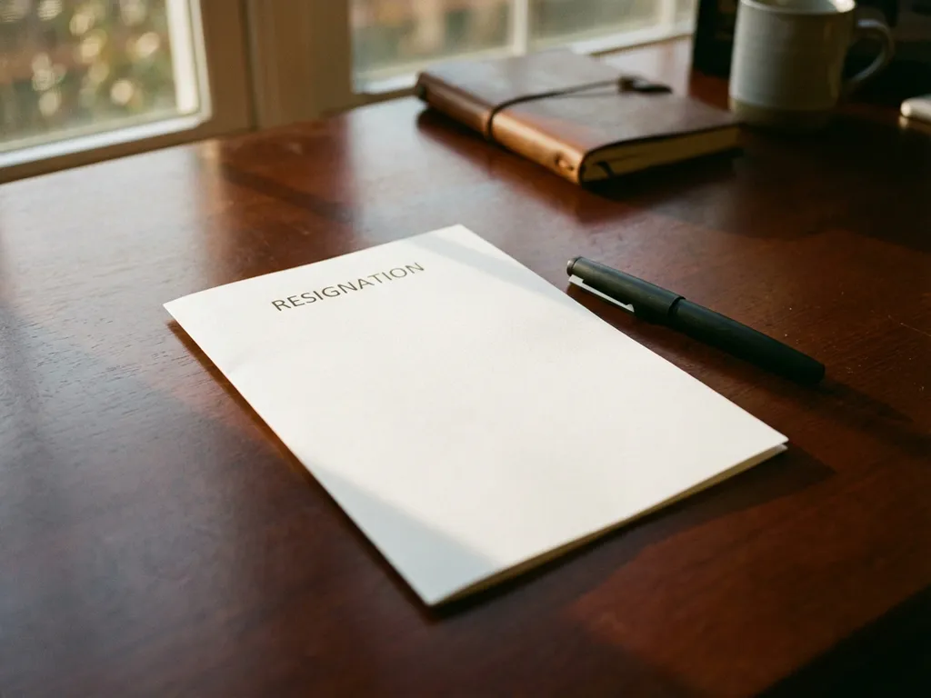 Ontslagbrief op gepolijst houten bureau naast zwarte pen, verlicht door warm natuurlijk licht