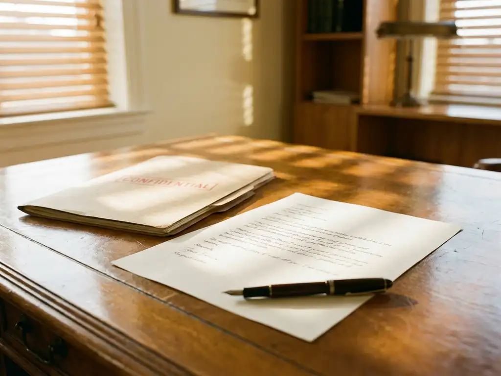 Ontslagbrief op houten bureau naast vertrouwelijke map, vulpen en warme kantoorverlichting door jaloezieën