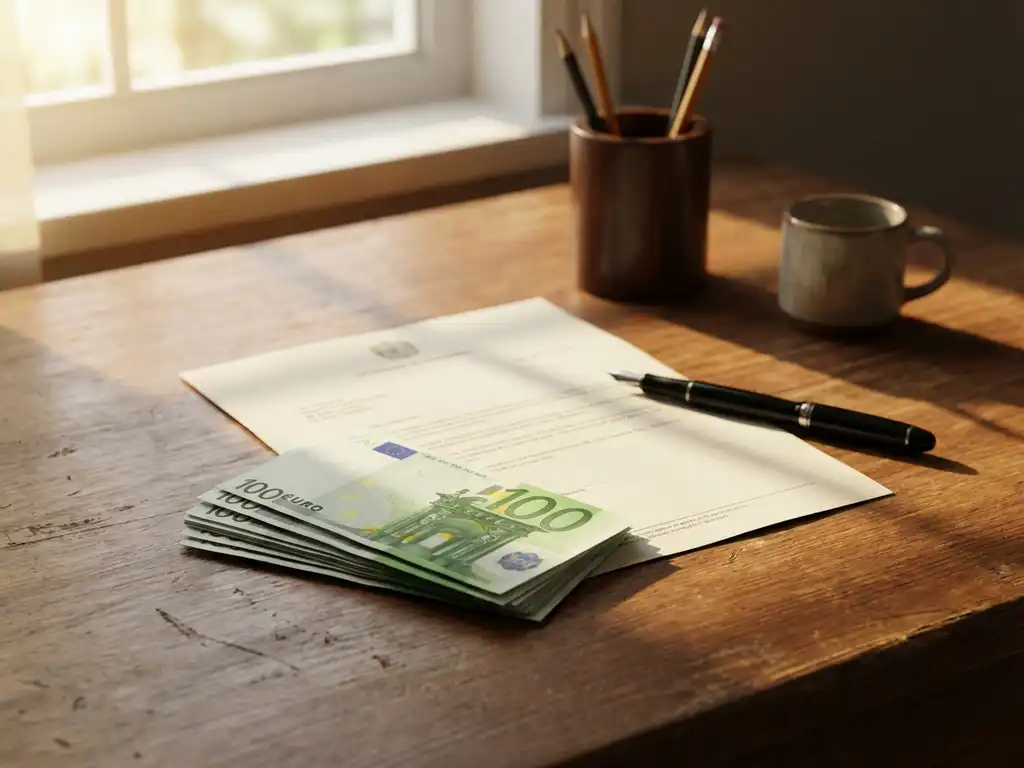 Houten bureau met ontslagbrief onder stapel eurobiljetten en vulpen, warm zonlicht door raam